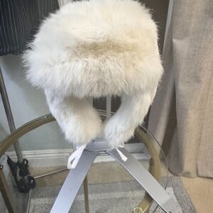CrownCap Rabbit Fur Trapper Hat Ushanka White Winter Ski Snow Bunny Small S/P